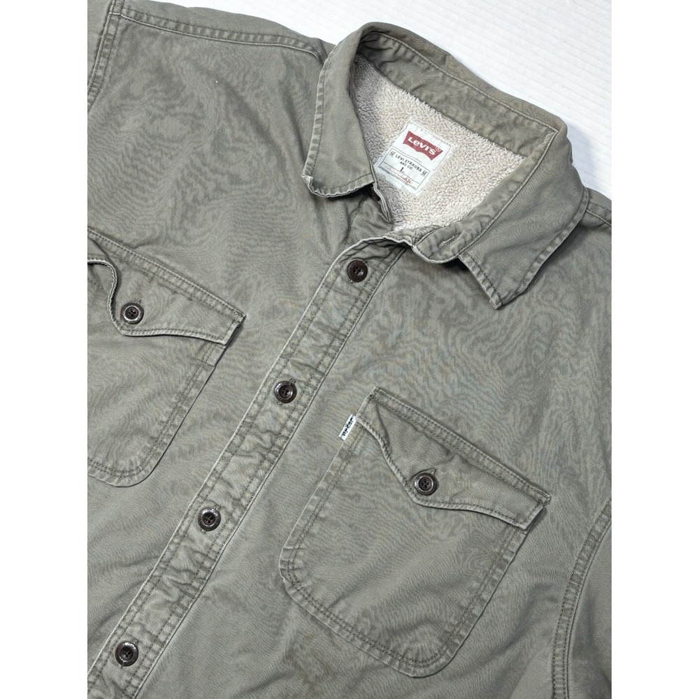 Levi's Sherpa Lined Button Up Shirt Jacket Green‎ Large Workwear Canvas Tough